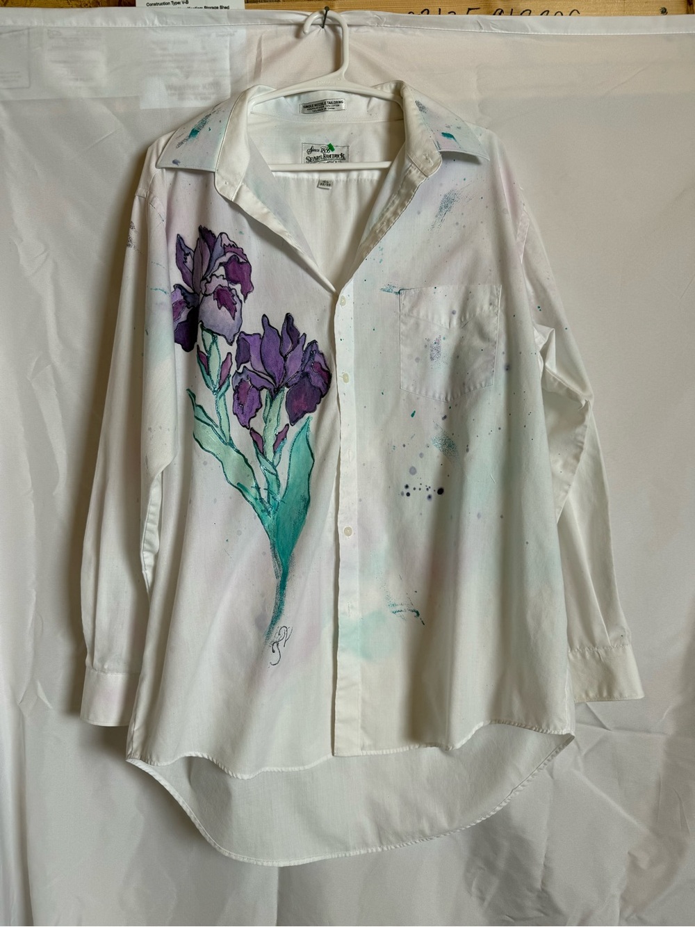 Sears Roebuck Co Custom Hand Painted Iris Button Down Shirt Size 16.5 32/33